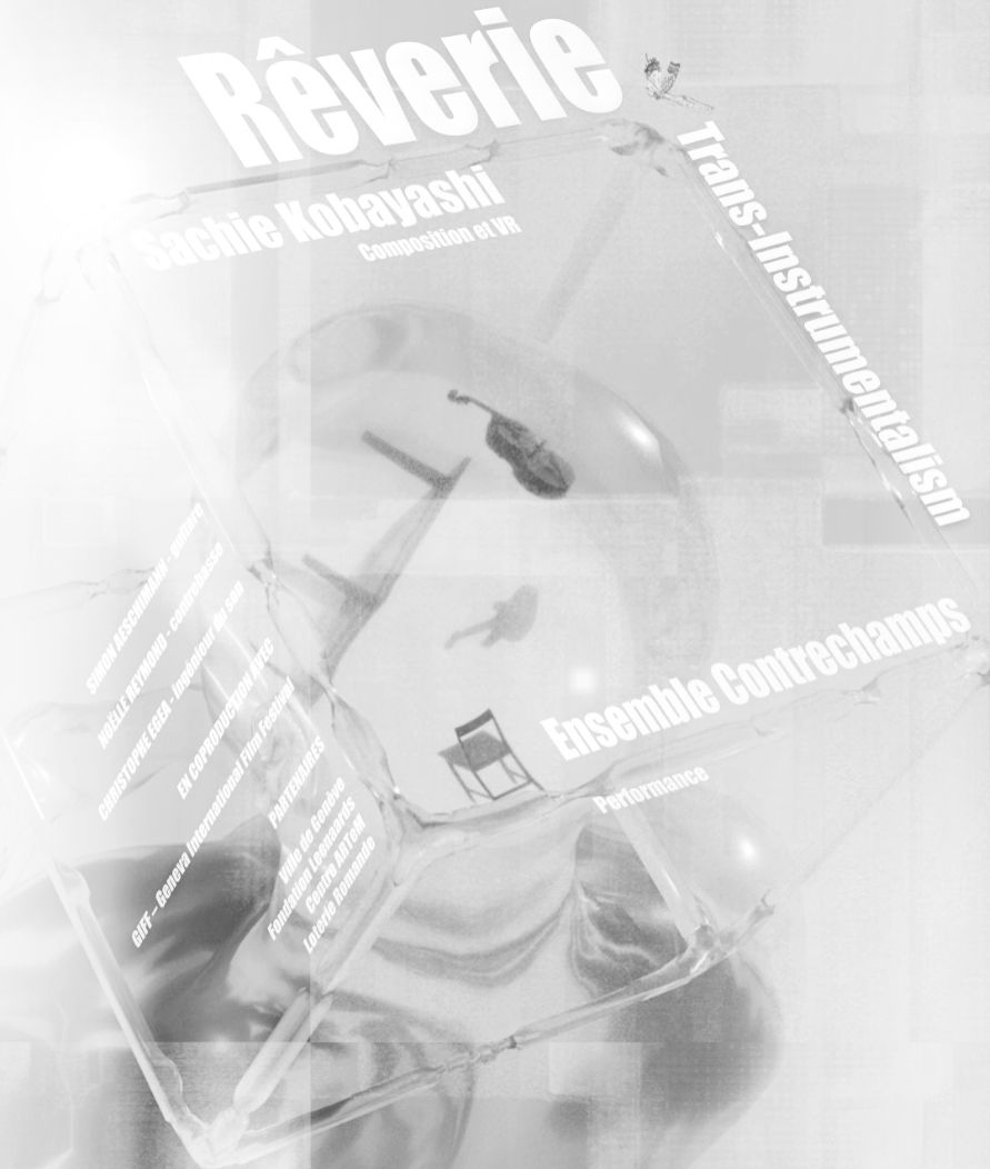 RêVeRie poster: a glass cube holding a violin, a chair and a floating figure, with the names Sachie Kobayashi and Ensemble Contrechamps.