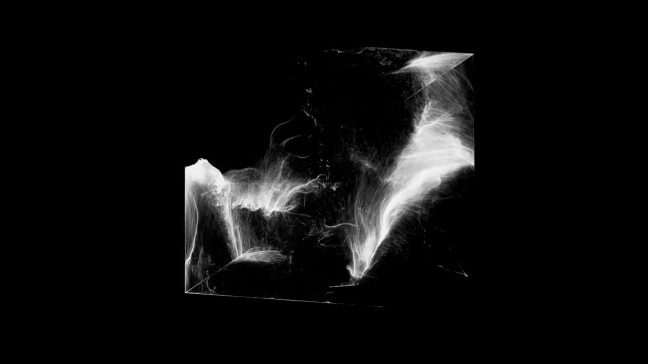 A cube of smoke-like light on black.